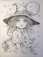 Original Ink Sketch, 9×12 Inches, Halloween Witch And Evil Kitten