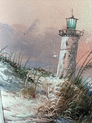 Seascape Ocean Lighthouse Painting Nautical Frame Signed J Thompson 9.5” x 7.5”