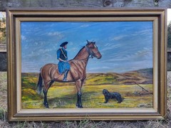 Signed Hungarian Sheep Herder Painting 43″x31″ Feb 1975