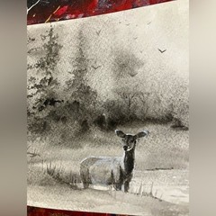 Original Deer Watercolor Painting Forest Misty Landscape Art signed by artist