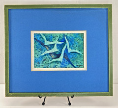 1970s Signed Abstract Impressionist Painting Watercolor Gouache Matted Framed