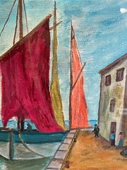 Vintage Oil Painting Greek Fishing Boats Framed 16” by 13”