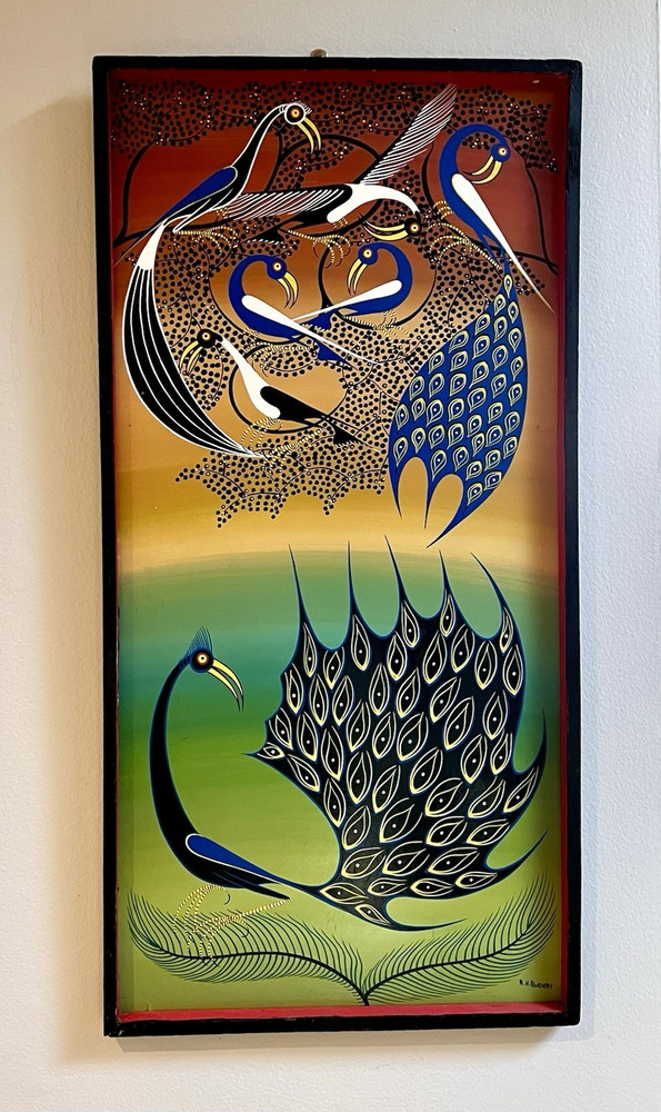 Peacock Original Painting R. H. Bushiry Signed Tanzania c1960s Oil Board 24×12