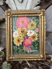 Original Floral PAINTING Impressionistic Pink Zinnia Daisy FLOWER Gold Frame