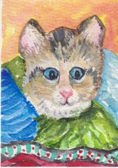 ACEO Original Kitten in pile of colorful blankets , multi-media collage