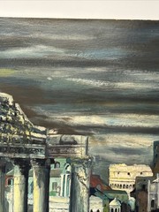 MID CENTURY PAINTING LARGE SURREAL CITY CITYSCAPE ROOF TOPS REGIONALISM URBAN