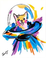 JULIEN Original 11X14 DOG PILOTS UFO Colorful Modern Art Acrylic Painting Canvas