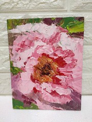 Original oil painting Abstract Pink Peony flower Artwork Still life Knife 9×7 in
