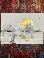 ORIGINAL Heron Sunset Landscape Painting realism Art Sumi-e Ink Gold Artwork USA