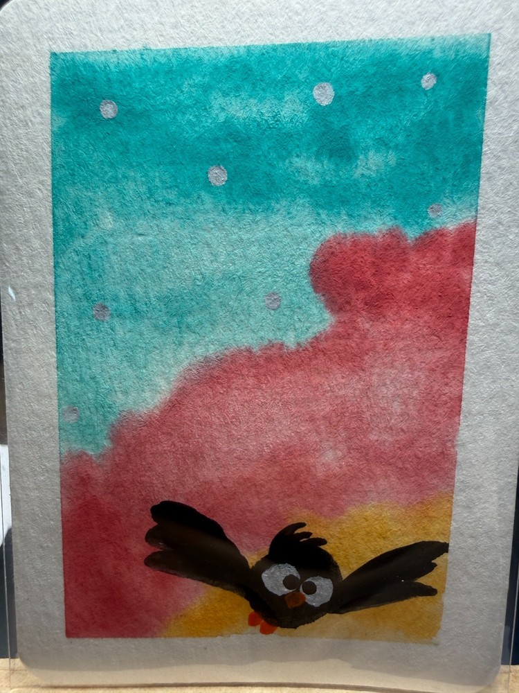 ACEO Original OOAK Signed (Not a Print) „Mid-Flight“ Funny Bird & Sky Art Card
