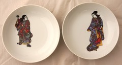 2 Hand Painted Japanese Feudal Figures Art Paintings on Porcelain Bowls 5.75″