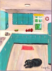 Original oil painting of a 1950’s turquoise Kitchen with a Black Lab