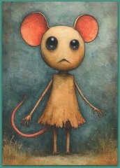 ACEO 2.5×3.5 watercolor painting – lot 2 pcs – cat kitten mouse fantasy surreal