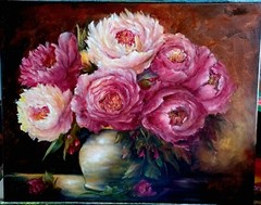 PEONIES IN GOLD VASE 18×14 Oil Original Floral Painting Artist Klein Dakota Rose