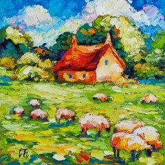 original oil painting Irish Cottage Sheep Landscape Impasto wall art 8*8 inch