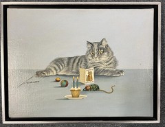 Lowell Herrero Oil on Canvas American Cat Happy Birthday Listed Signed Nice!