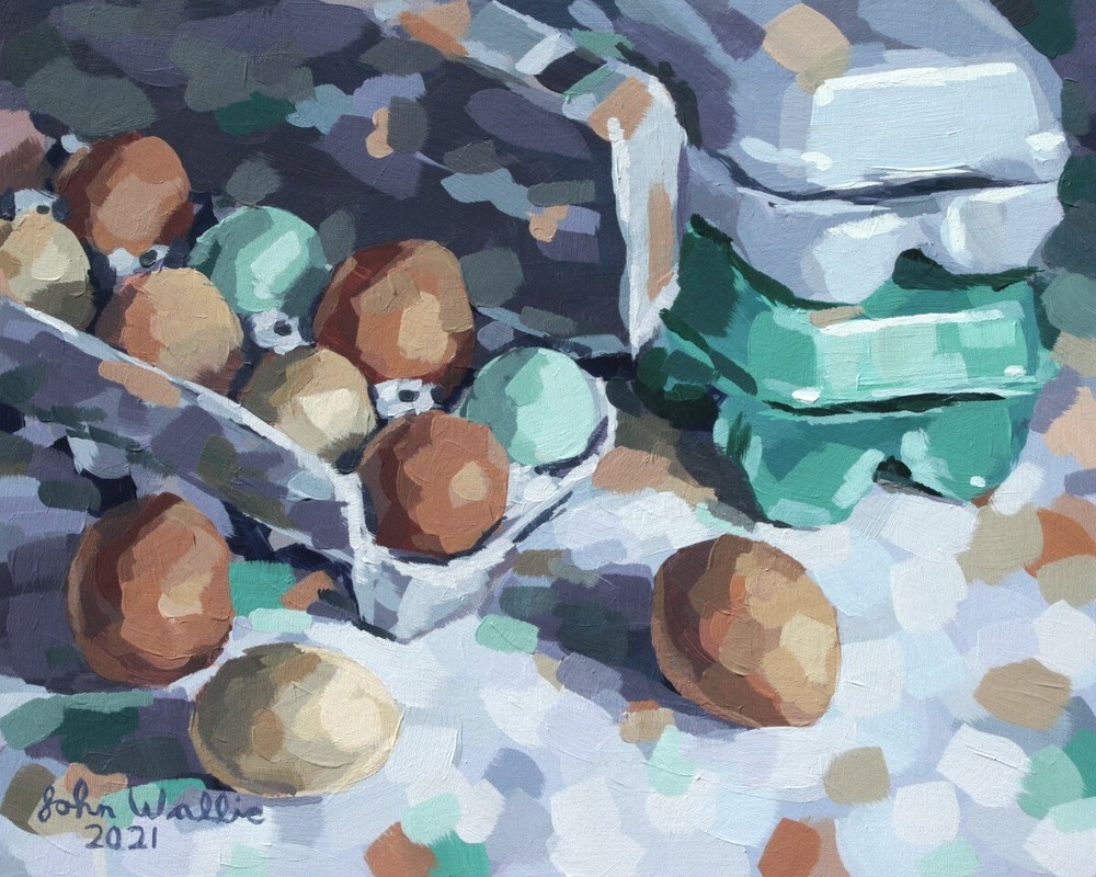 Original Still Life Painting „Egg Cartons“ – 8 x 10 inch by John Wallie