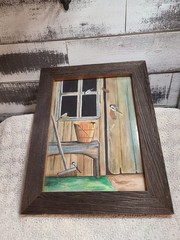 Country Barn & Birds Painting OOAK Signed By Artist KELLY 2011 Barn Wood Frame