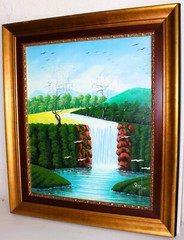 OIL PAINTING ON CANVAS SIGNED GORGEOUS LANDSCAPE RIVER WATERFALL FOREST