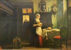 Vintage Dutch Interior Genre Oil Painting Woman Kitchen Scene Signed Vollen