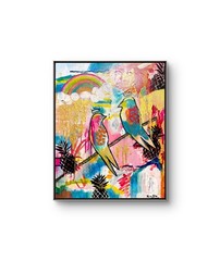 Tropical Bird Rainbow Art 16×20 Gold Mixed Media Gallery Wrapped Canvas Pineappl