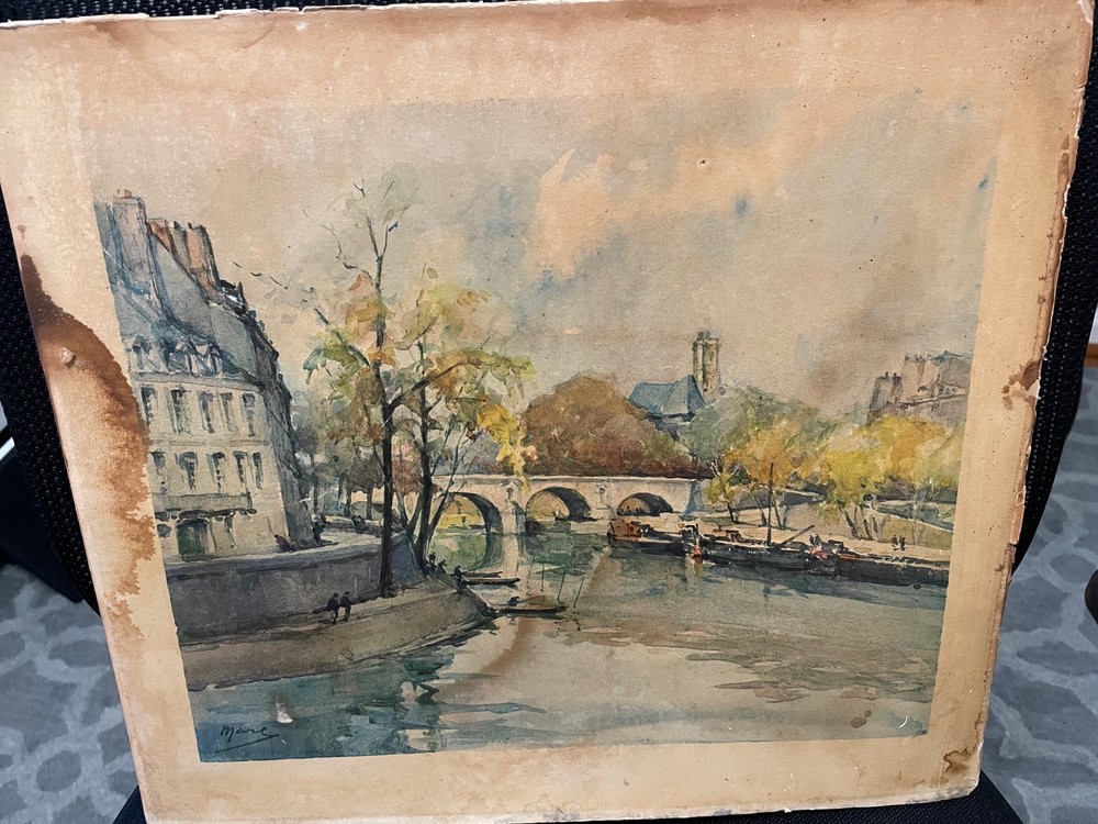 Vintage Paris Watercolor Seine River Bridge Scene Signed “Marc” –Notre Dame View