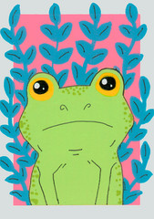 Original ACEO Green Frog Leaf Artwork Collectible Modern ATC Animal Small Art
