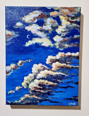 Night Sky Acrylic Painting on Canvas – Hand-Painted Clouds and Moon by ILOVA