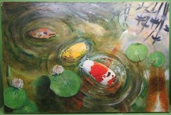Vicki Golden (1970-) Large 20th century oil painting KOI CARP POND WATERLILLIES