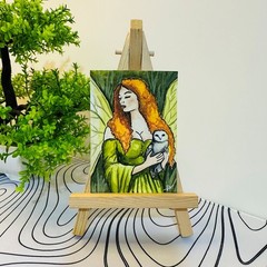 Fairy with Owl ACEO Original Watercolor Painting Fantasy Portrait Nature Art