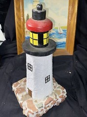 Vintage Painting Of Lighthouse, Signed E,Ward And Handmade Lighthouse