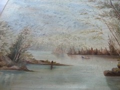 Antique 19th C Landscape with Lake Boat Country Lane with Figure Trees 17 X 24″