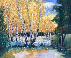 24”x20” 100% Hand Painted Oil Painting on Linen-unframed- Fall Color Woods Sheep