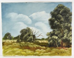 18″ Oil Painting Canvas Lea Mikel Rustic Rural Landscape Old Fence Americana #51