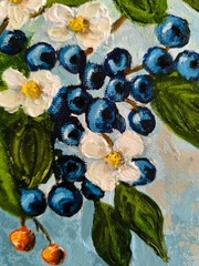 Original Oil Painting Floral Still Life Blue Berries White Blossoms Rustic Art