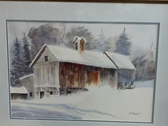 Painting of barn covered snow fine art watercolor landscape painting (original)