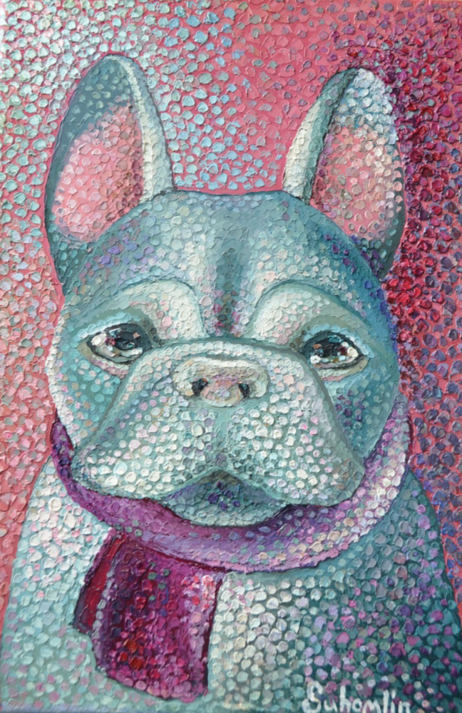 An oil painting of a French Bulldog. The canvas size is 20 x 30 centimeters.