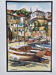 1970s Miniature Framed Watercolor Harbor Scene France • 5″x4″ Signed