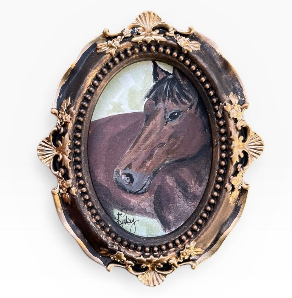 ORIGINAL Horse watercolor mini animal painting • vintage style ornate frame