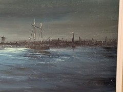 John Stancin Original Oil on Canvas Moonlit Harbor Seascape Painting Frame 27×23
