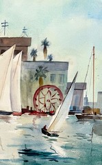 1950s BALBOA SAILBOATS – Newport CaLiFoRnia Regionalist Scene Painting LISTED