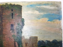 American School Philadelphia Oil Board Painting Castle Ruins Unsigned C. 1880