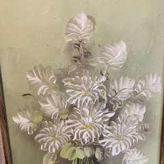 Framed Oil On Canvas Board Bouquet Of White Mums On A Green Background Beautiful