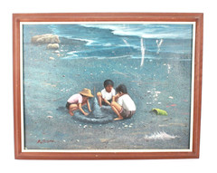 Vintage Children Playing On The Beach Oil Painting On Canvas Signed Illegible