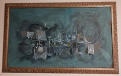 MID CENTURY ABSTRACT EXPRESSIONIST CITYSCAPE PAINTING ON BOARD SIGNED AND DATED