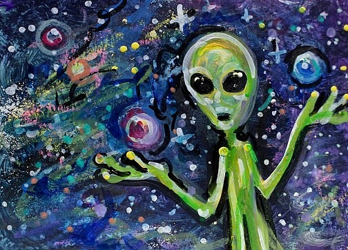 Original ACEO Painting ALIEN Spaceship Stars ET Martian Universe UFO ATC ART