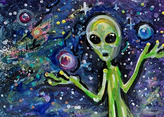 Original ACEO Painting ALIEN Spaceship Stars ET Martian Universe UFO ATC ART