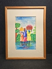 Haitian Vibrant Watercolor Folk Art Village Signed Pierre Henri Framd 12.5×9.75″