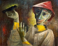 Vintage MCM Man Bird Oil Painting Mid Century Modern 1950s Art Robert J. Lee