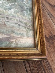 Antique 1890s-1920s Watercolor Rural Road Landscape Painting Gold Framed 9×14